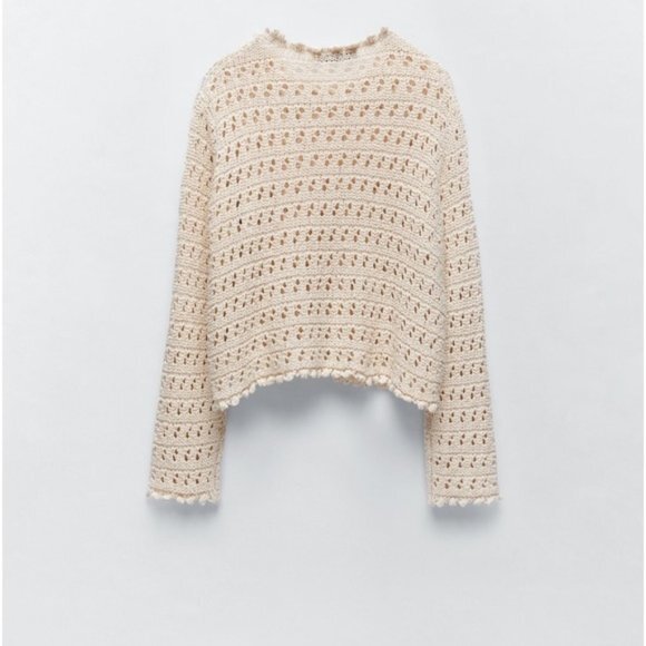Cream Zara Textured Crochet Knit Long Sleeve Sweater (NWT) - Picture 3 of 5